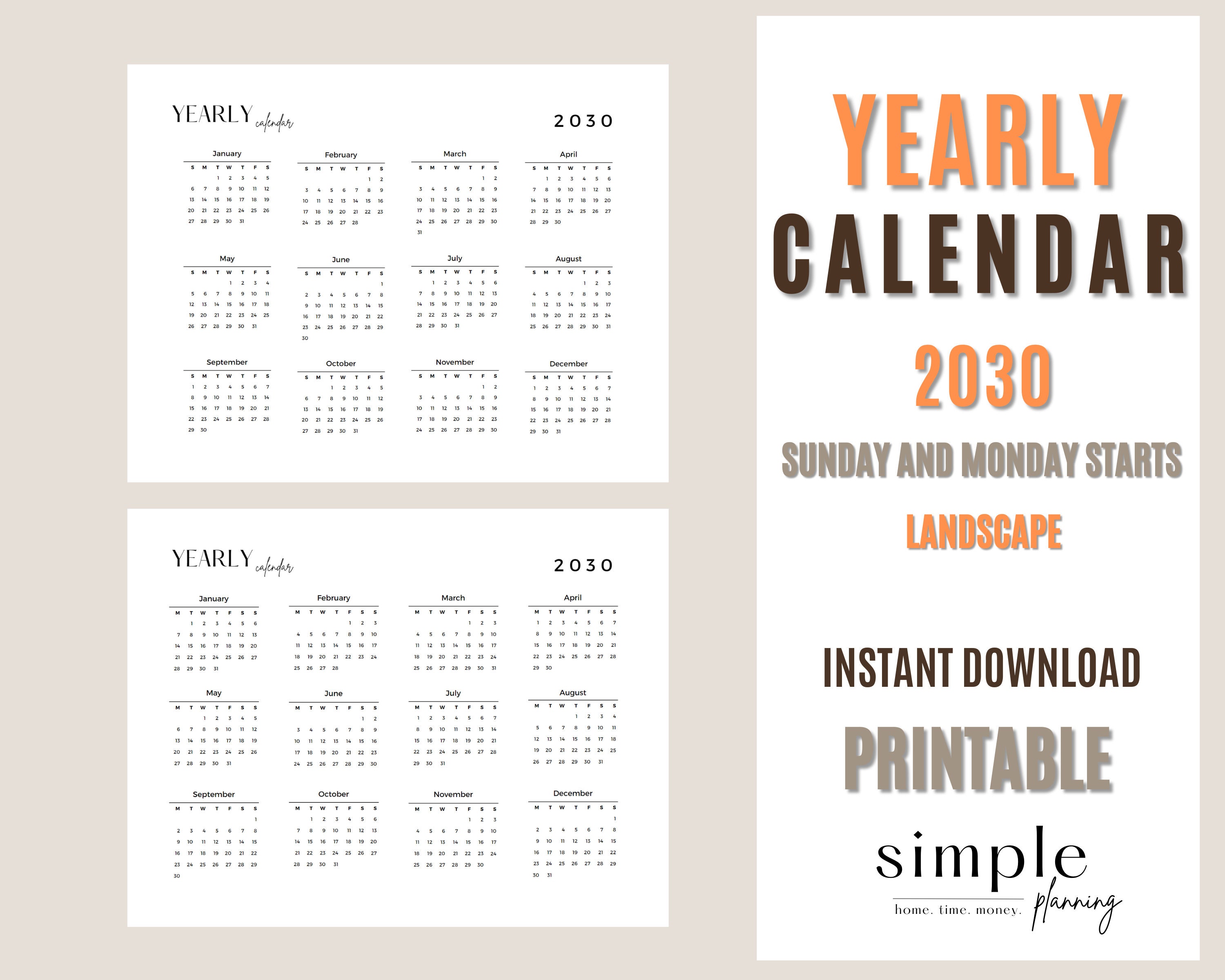 2030 Year Calendar Printable L Portrait and Landscape L Minimalist L ...