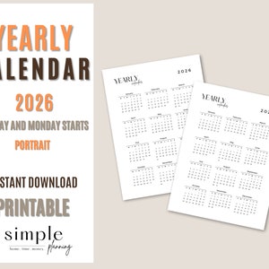 2026 Year Calendar Printable L Portrait and Landscape L Minimalist L 2026 Wall Calendar L 2026 