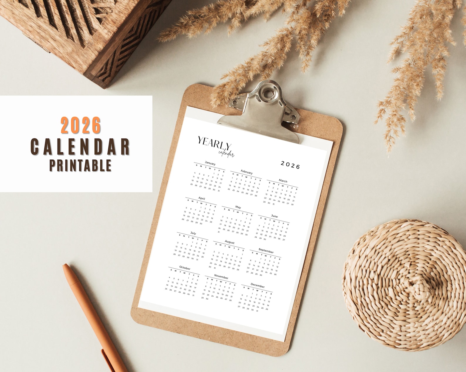 2026 Year Calendar Printable L Portrait and Landscape L Minimalist L 2026 Wall Calendar L 2026 