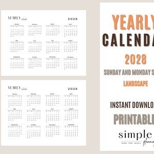 2028 Year Calendar Printable l Portrait and Landscape l Minimalist l 2028 Wall Calendar l 2028 Desk Calendar l Sunday and Monday Start