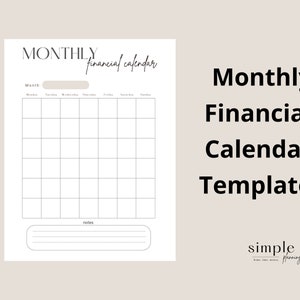 Monthly Financial Calendar Template, Budget Calendar, Financial Planning, Budget Planning, Goals Setting, Printable Financial Calendar