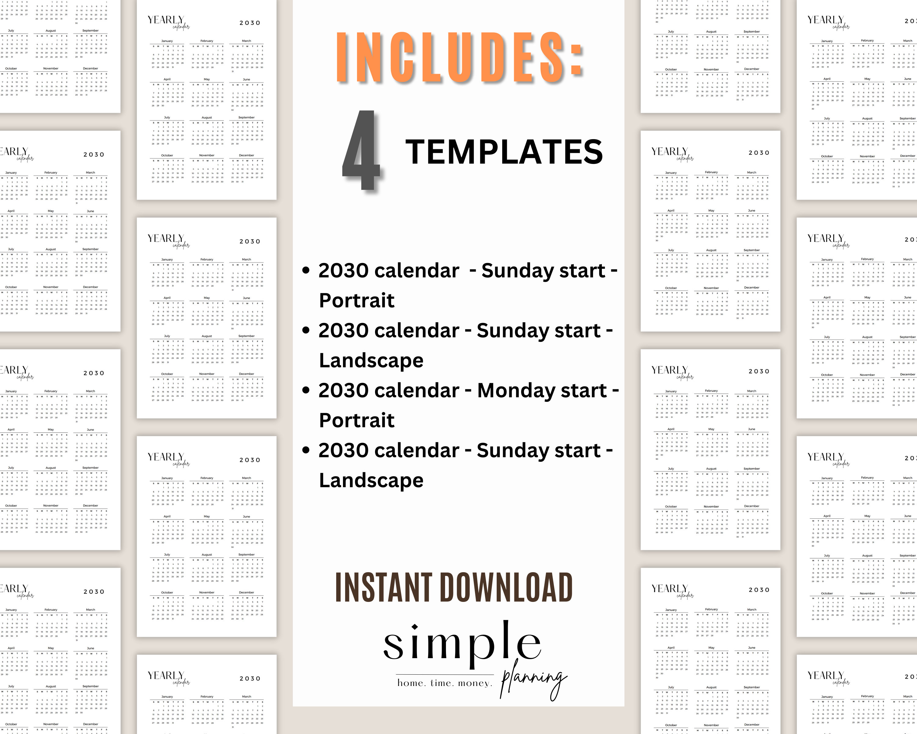 2030 Year Calendar Printable L Portrait and Landscape L Minimalist L ...