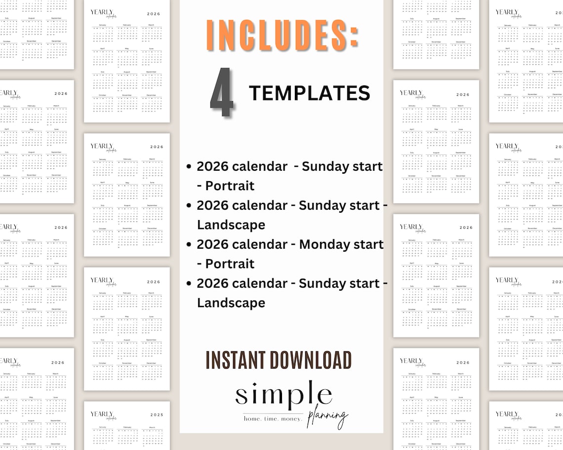 2026 Year Calendar Printable L Portrait and Landscape L Minimalist L ...