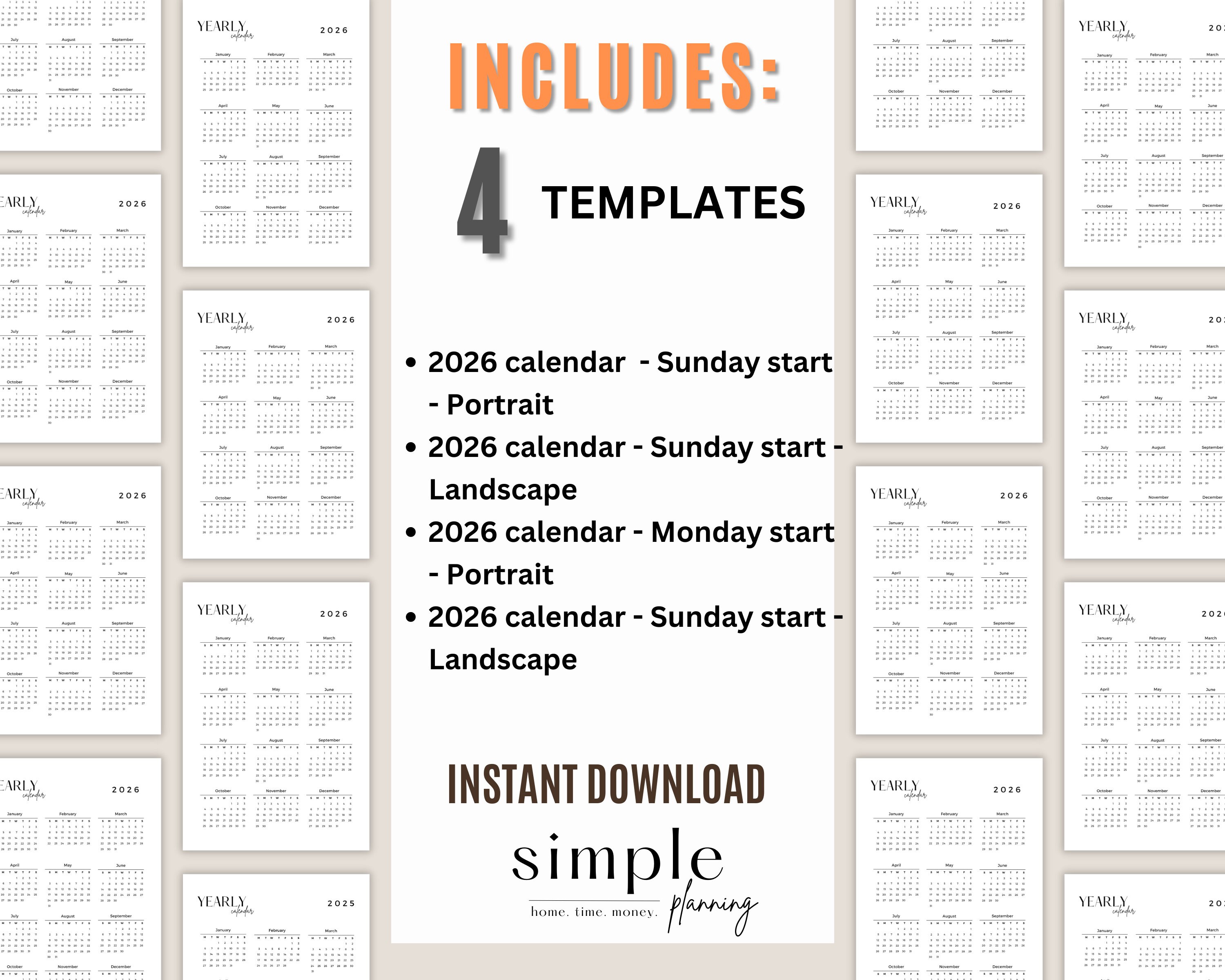 2026 Year Calendar Printable L Portrait and Landscape L Minimalist L