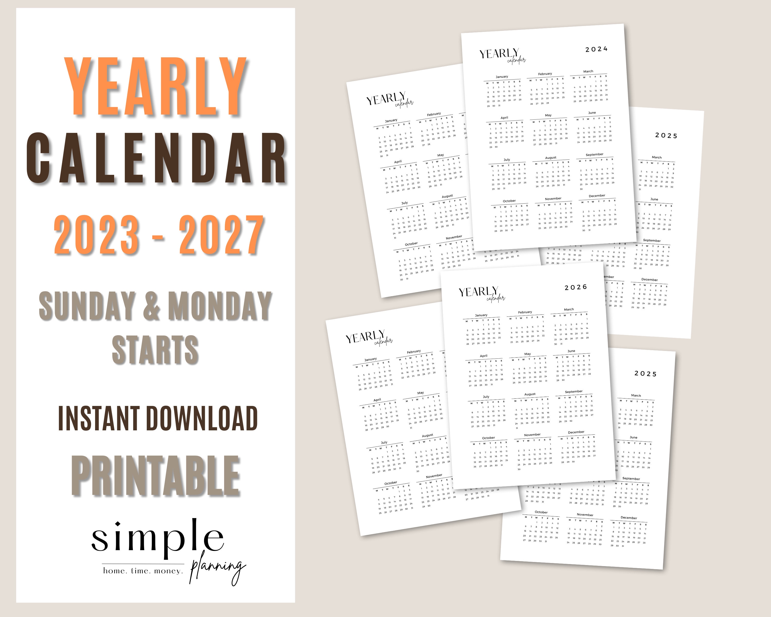 2023, 2024, 2025, 2026 and 2027 Calendar L 2023 Yearly Calendar L Year
