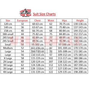 May include: Suit size chart with measurements in centimeters for chest, waist, hips, and height. Sizes range from 120 cm to 139 cm. Includes European sizes and a logo for Vill Wel Sports.