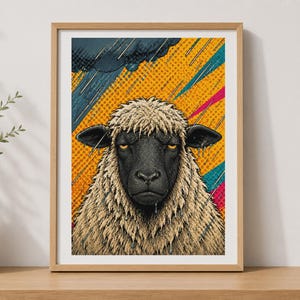 May include: A framed art print featuring a detailed illustration of a sheep with a black face and thick, textured cream-colored wool. The background displays a vibrant pop-art style with orange dots, diagonal blue and pink streaks, and a dark rain cloud.
