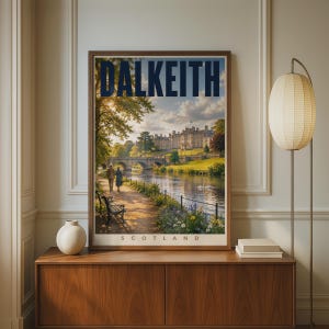 May include: A framed travel poster featuring the text DALKEITH at the top and SCOTLAND at the bottom. The image depicts a stone bridge, a large building, a river, and two people walking on a path lined with trees, a bench, and flowers.