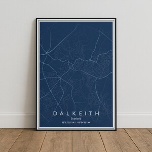 May include: A framed wall art print featuring a dark blue map of Dalkeith, Scotland. The map displays white street lines and includes the text Dalkeith, Scotland, and the coordinates 55°53'35" N / 03°04'05" W printed in white at the bottom.