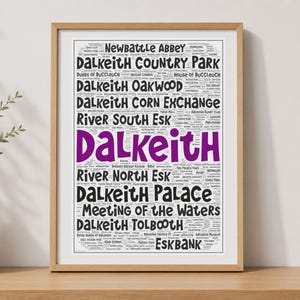 May include: A framed wall art print featuring a word cloud of Dalkeith landmarks and locations in black text on a white background, with the word Dalkeith prominently displayed in large purple letters in the center of the rectangular composition.