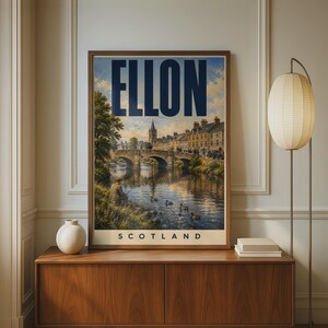 Stampa poster di Ellon – Arte di viaggio vintage retrò – Decorazione murale Scozia – Regalo scozzese, Aberdeenshire, fiume Ythan, scena di pesca