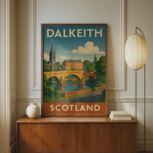 May include: A framed travel poster print featuring a landscape illustration of Dalkeith, Scotland. The artwork displays a stone bridge over a river, a church spire, and a large building, with the text DALKEITH at the top and SCOTLAND at the bottom.