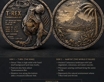 Moneta kolekcjonerska z dinozaurem T-Rex | Moneta kolekcjonerska z dinozaurem | Dwustronna moneta z motywem sztuki prehistorycznej | Element wystawowy w stylu jurajskim | Prezent dla kolekcjonerów dinozaurów