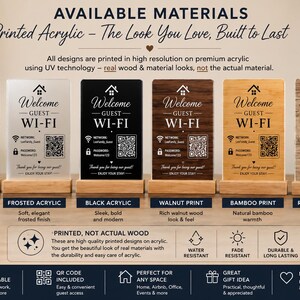 May include: Six rectangular acrylic signs with wooden bases displaying Wi-Fi information, including a house icon, the text Welcome Guest WI-FI, network and password fields, and a QR code. The signs feature clear, frosted, black, walnut, bamboo, and rustic wood prints.