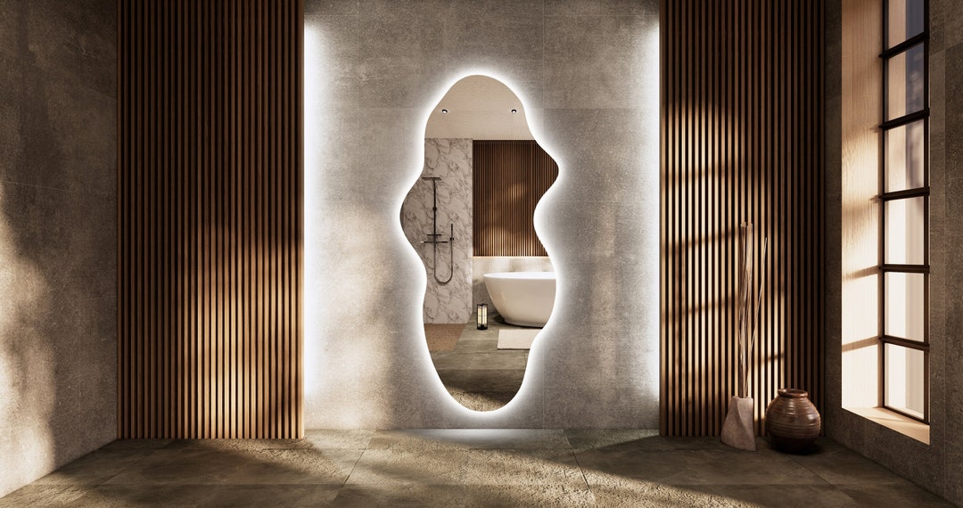 Wavy Full Length Mirror With Led Light Illuminated Large Wall Etsy