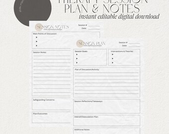 Puede incluir: Una descarga digital que presenta un plan y notas de sesión de terapia. El diseño incluye dos plantillas con secciones para los objetivos de la sesión, notas y reflexiones. El texto incluye "THERAPY SESSION PLAN & NOTES" y "descarga digital editable instantánea."