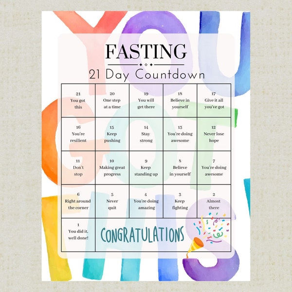 Fasting 21 Day Challenge Countdown Calendar Tracker Printable; Daniel Fast, Intermittent Fasting, Mindful Fasting, Praying Fast