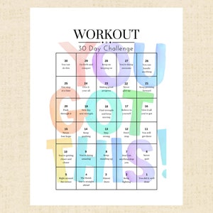 Könnte beinhalten: Motivationskalender für ein 30-Tage-Workout. Das Design zeigt ein Raster mit inspirierenden Sätzen und Aquarell-Akzenten in verschiedenen Farben, darunter Blau, Gelb und Grün. Ideal für Fitnessziele.
