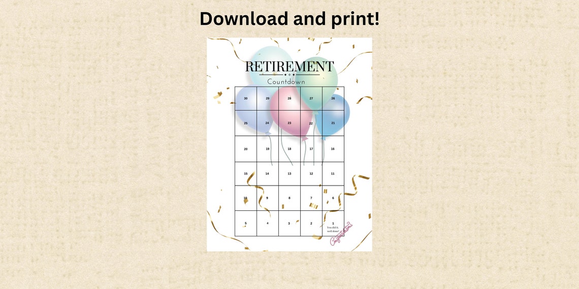 Retirement Countdown Calendar Printable PDF, Retirement Celebration ...