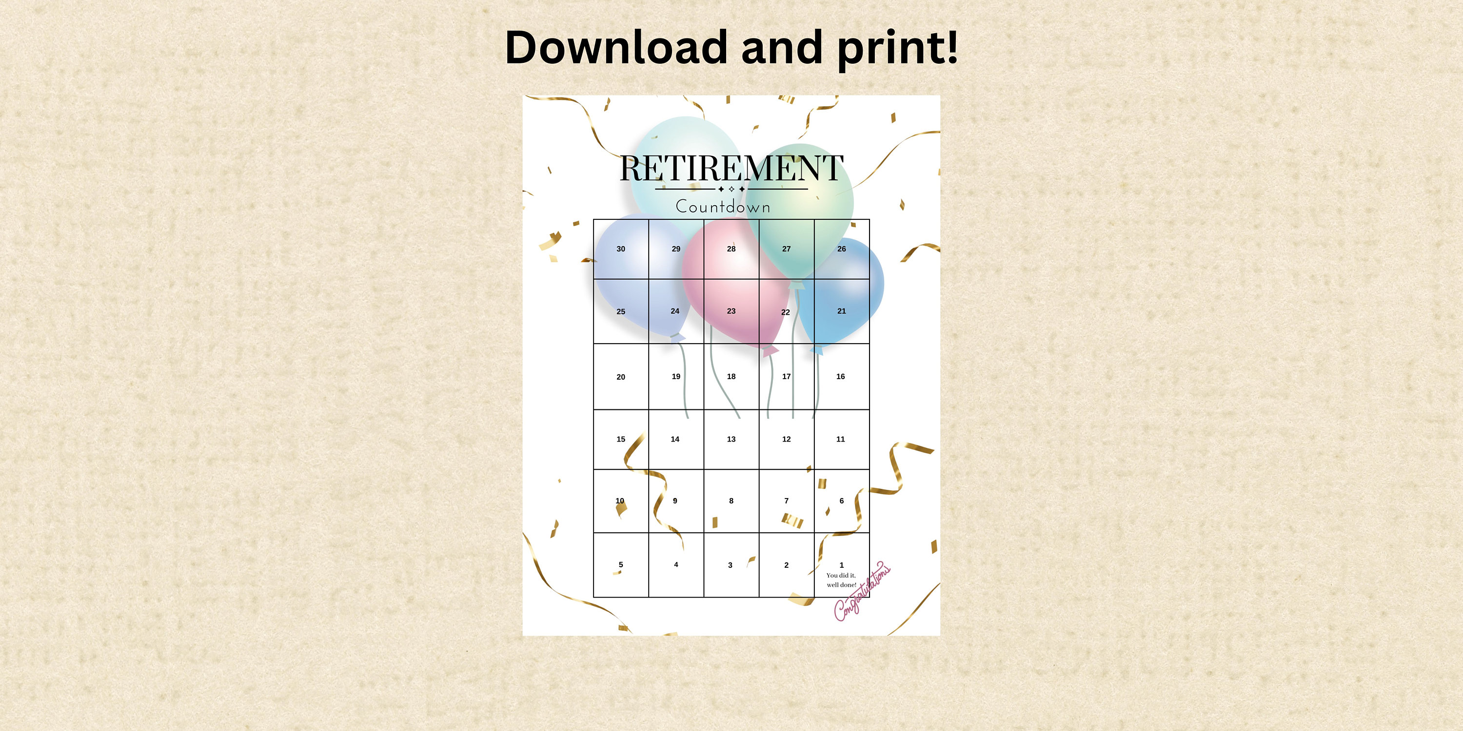 Retirement Countdown Calendar Instant Download Printable PDF Etsy