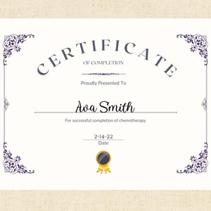 Cancer Chemo Treatment Completion Certificate  - Instant Download Printable PDF