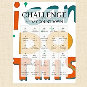 Könnte beinhalten: Ein Motivationsposter mit einem 30-Tage-Countdown-Kalender. Jeder Tag enthält eine positive Affirmation, die dir helfen soll, motiviert zu bleiben und deine Ziele zu erreichen. Das Poster ist mit einem farbenfrohen, abstrakten Hintergrund gestaltet.