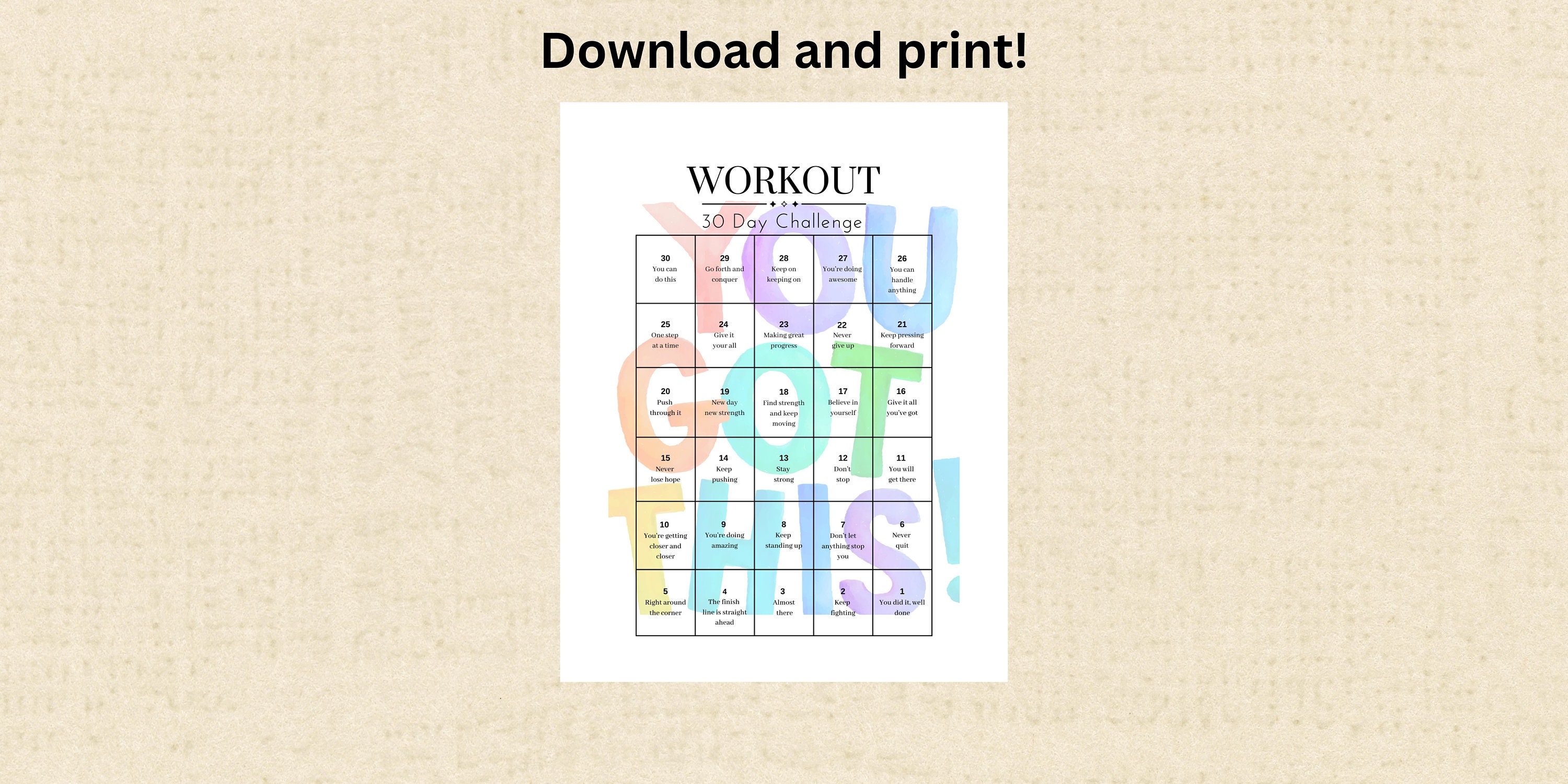 30-day Workout Challenge Daily Countdown Calendar Daily Affirmations ...