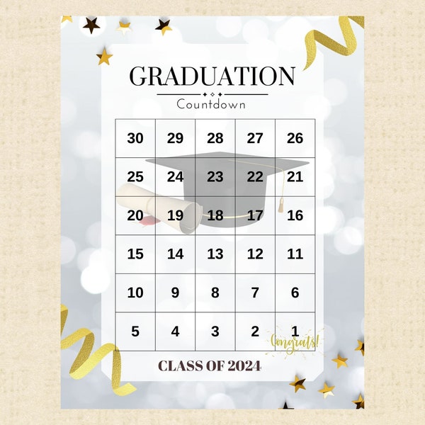 Abschluss-Countdown-Kalender druckbar, Abschlussfeier, Beginn, College-Abschluss, Abitur, Universitäts-Abschluss