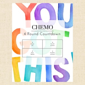 May include: A colorful watercolor illustration of the words "YOU GOT THIS" with a countdown for chemo rounds. The numbers 4, 3, 2, and 1 are in boxes with encouraging messages.