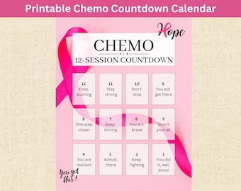 Può includere: Un calendario rosa stampabile con un nastro rosa e il testo "Chemo 12-Session Countdown" e "Hope". Il calendario ha 12 caselle con i numeri da 1 a 12 e messaggi motivazionali per ogni giorno.