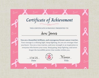 Breast Cancer Survivor Achievement Certificate Printable Journal Care Package Gift Idea Cancer Celebration, cancer free, Warrior, fighter