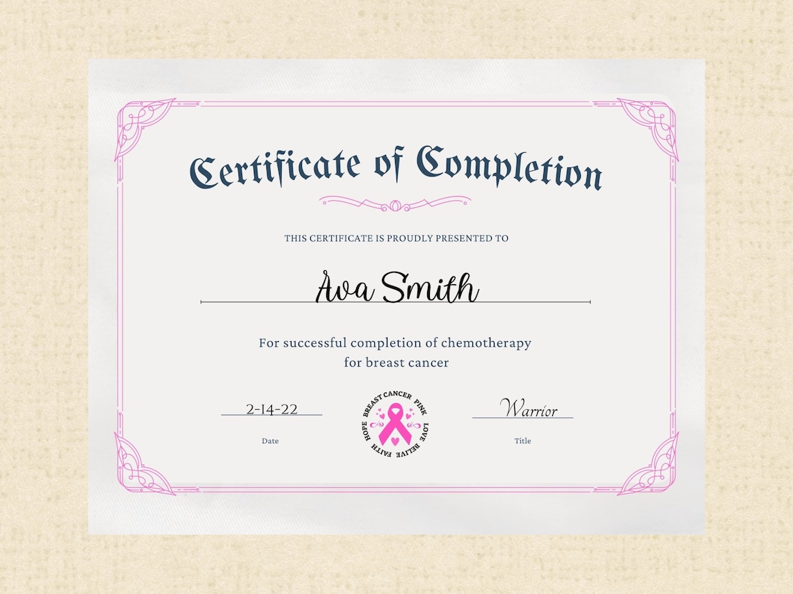Breast Cancer Chemo Treatment Completion Certificate Instant Download