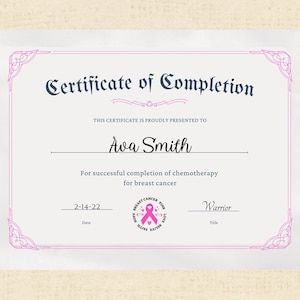 Breast Cancer Chemo Treatment Completion Certificate  - Instant Download Printable PDF