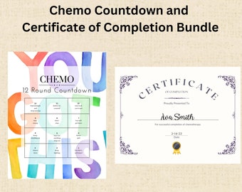 May include: A bundle featuring a "Chemo Countdown" chart and a "Certificate of Completion." The countdown chart is colorful with the word "Chemo" and a 12-round grid. The certificate is white with a purple border and text.