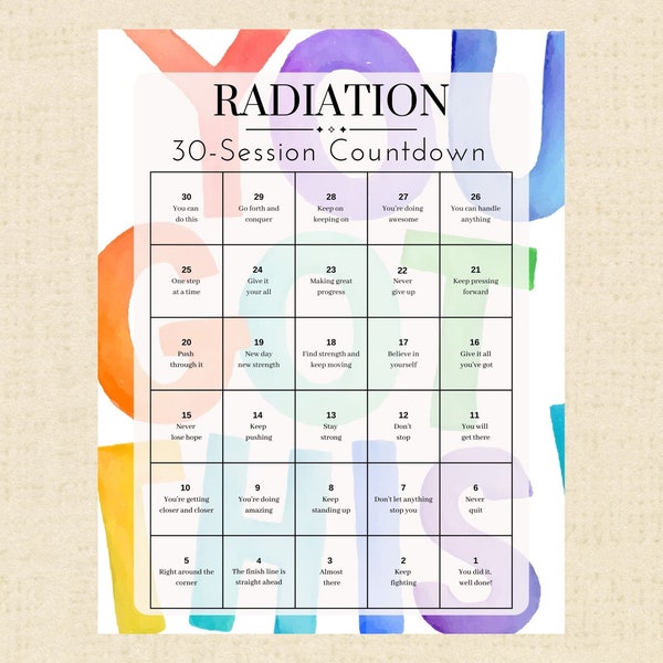 30-sessie bestralingsbehandeling Dagelijkse aftelkalender voor kanker Afdrukbaar - Dagelijkse bevestigingen Direct downloaden PDF; Motiveren, aanmoedigen
