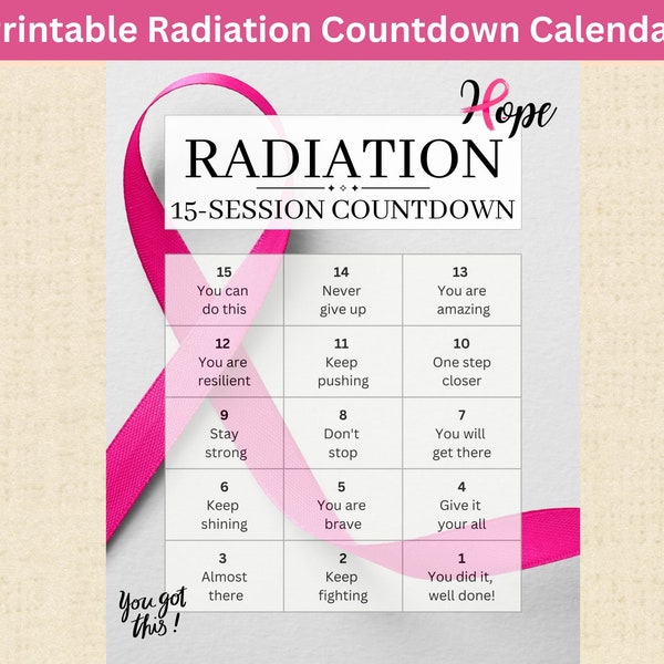 15-Session Breast Cancer Radiation Treatment Countdown Calendar Printable- Daily Affirmations Instant Download PDF; Motivate, Encourage