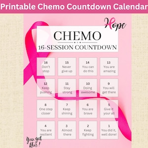 16-Round Breast Cancer Chemo Treatment Countdown Calendar Printable- Daily Affirmations Instant Download PDF; Motivate, Encourage