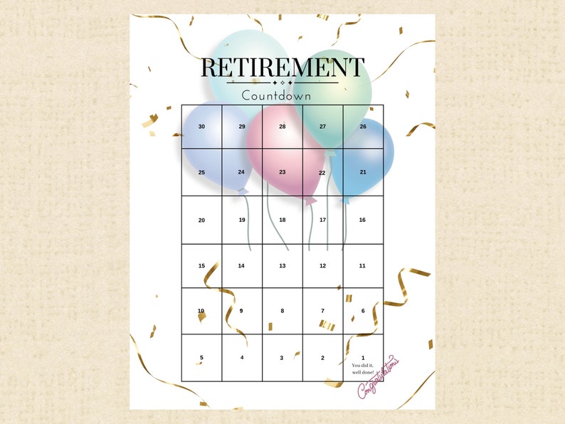 Retirement Countdown Calendar Instant Download Printable PDF Etsy