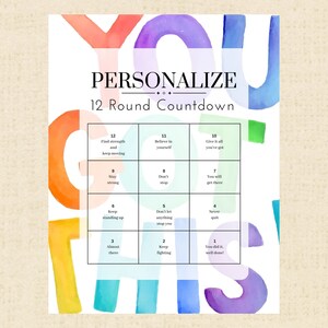 May include: A colourful printable chart with the words "YOU GOT THIS" in large letters. The chart is a 12-round countdown with motivational phrases for each round. The chart is designed to help people stay motivated and reach their goals.