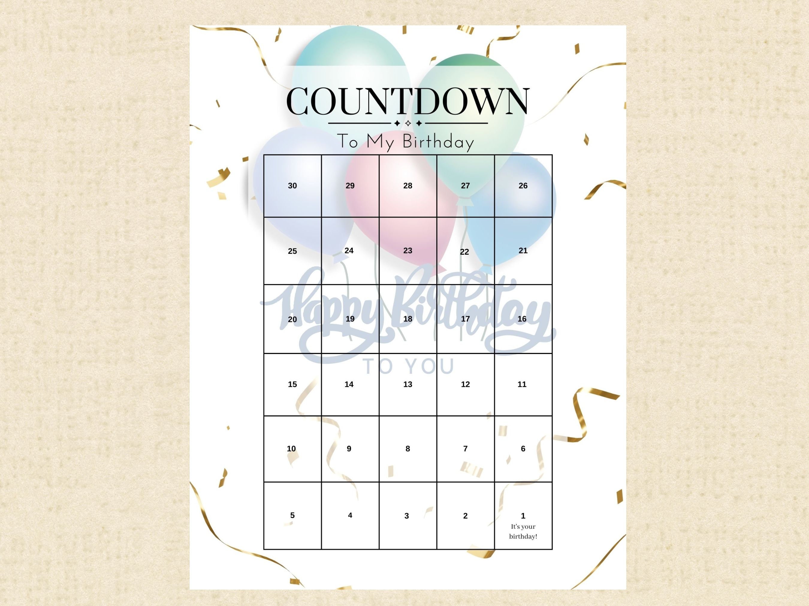 Birthday Countdown Calendar Instant Download Printable PDF, Milestone ...