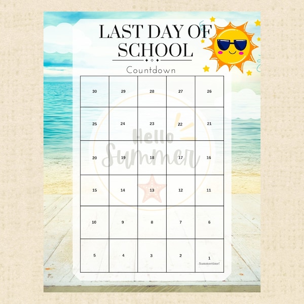 Last Day of School Countdown Calendar Instant Download Printable PDF