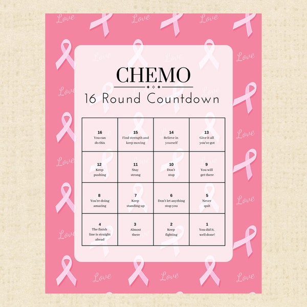 16-Runden Brustkrebs Chemobehandlung Countdown Kalender Printable - Tägliche Affirmationen Sofortiger Download PDF; Motivieren, Ermutigen