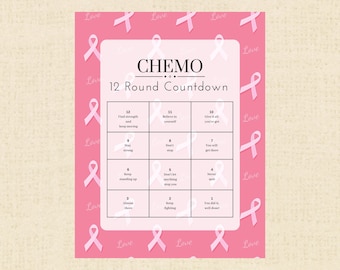 Può includere: Un grafico stampabile rosa e bianco con il testo "CHEMO 12 Round Countdown" e una griglia di 12 quadrati con messaggi motivazionali per ogni round di chemioterapia.