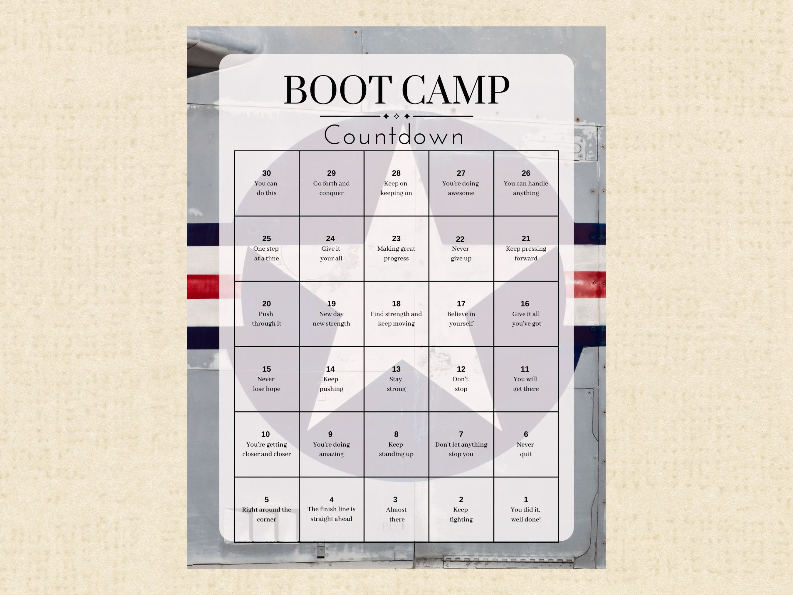 Boot Camp 30-day Daily Countdown Calendar Printable Army Boot 
