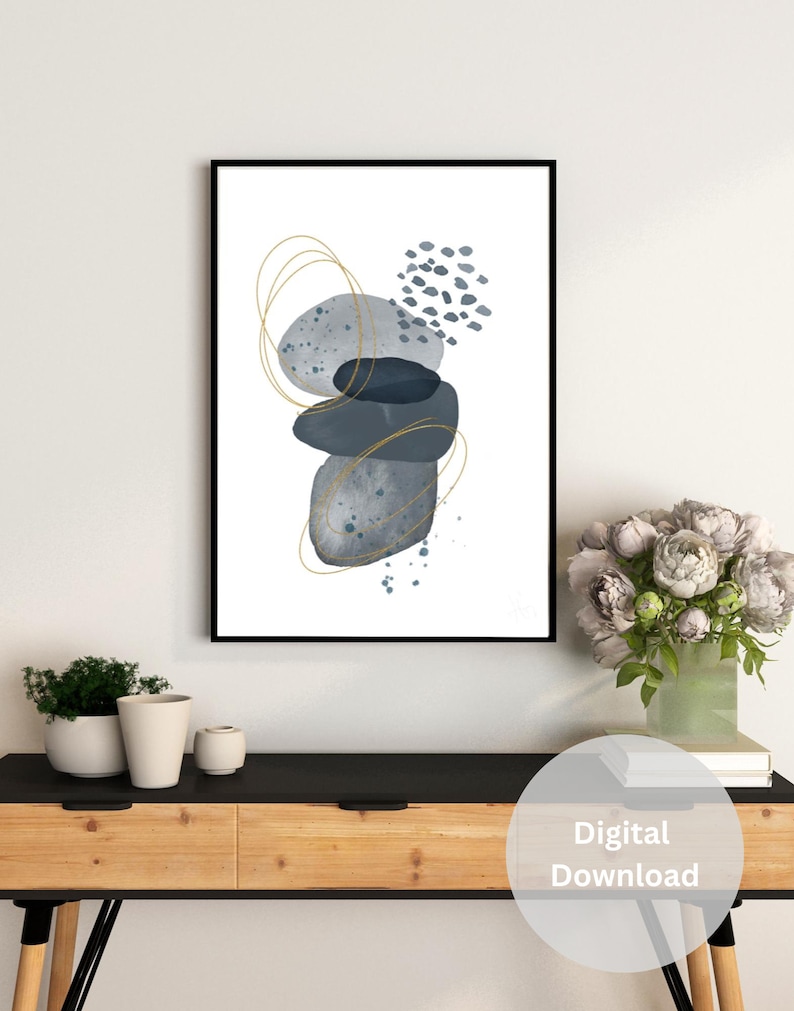 Abstract Wall Art, Blue and Grey Watercolor Shapes, Living Room Art