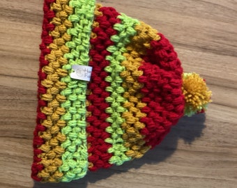 Hat Crochet Red Gold Green Acrylic Adult Pom-Pom Beanie Bobble Hat