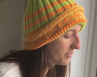 Hat Hand Knitted Green Orange  Patterned Acrylic Adult Pom-Pom Beanie Bobble Hat