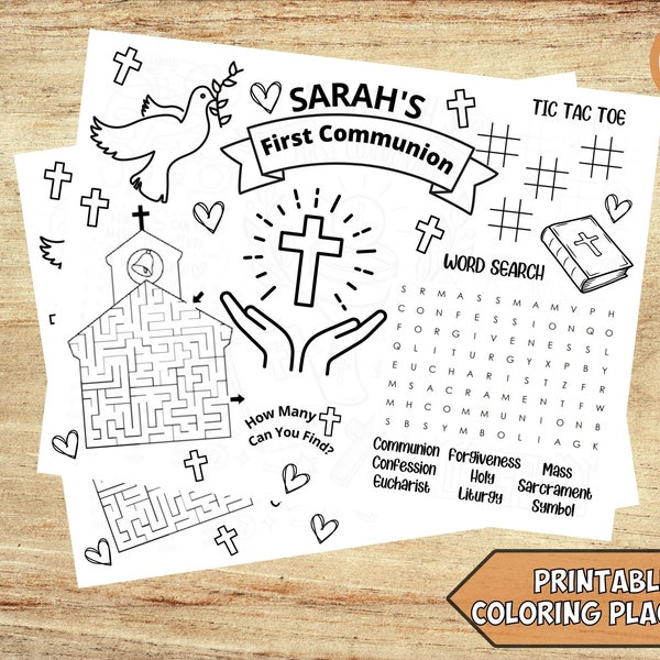 Placemat personalizado para colorear Primera Comunión, favores de primera comunión, hoja para colorear comunión, placemat de primera comunión, imprimible