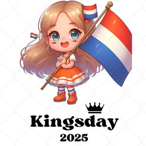 Clipart PNG del Día del Rey 2025, Koningsdag, Feliz Día del Rey, Chica con Bandera Holandesa, Archivos de corte de regalo para amantes del Día del Rey holandés para artesanos - Descarga digital
