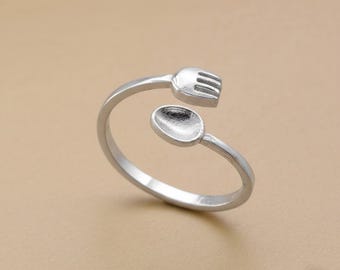Anillo de plata de ley hecho a mano con forma de tenedor y cuchara: joyería de latón ajustable.
